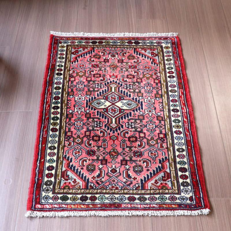 部族絨毯　トライバルラグ 92x63cm 花のアラベスク　ピンク　レッド | 