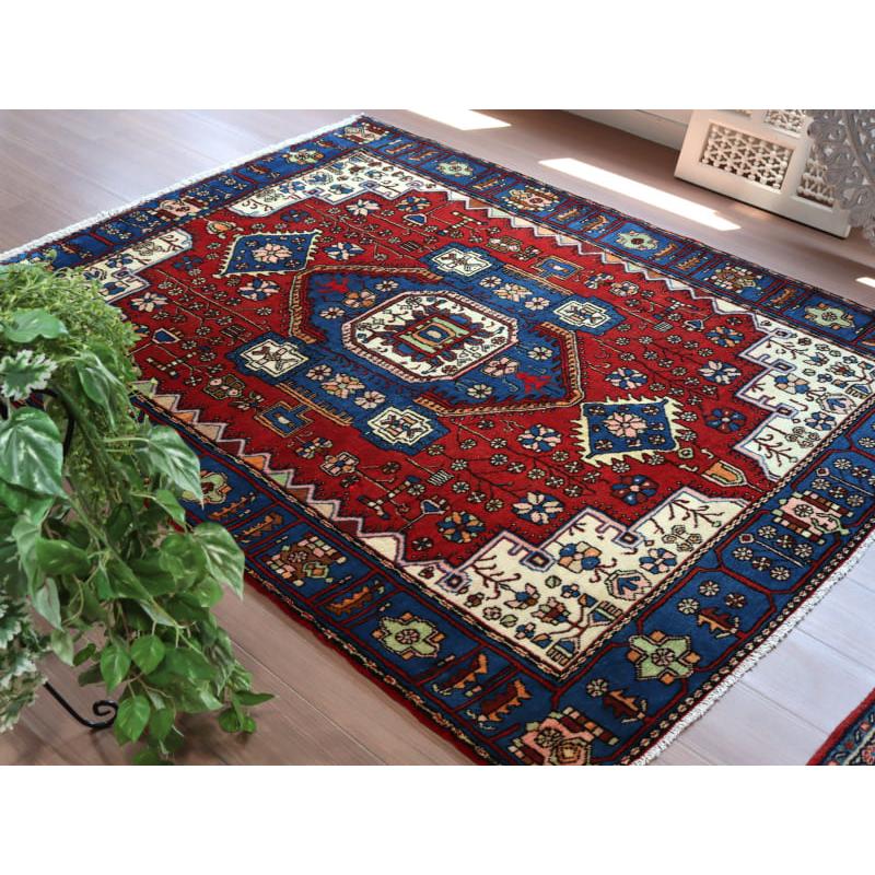 イランの手織り絨毯 ナハバンド 193x143cm レッドとブルーのメダリオン
