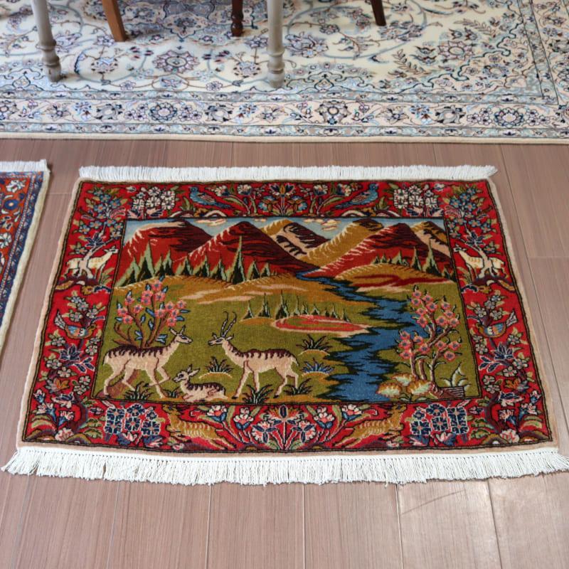 ペルシャ絨毯 カシャーン 95x66cm 風景デザイン 鹿 : インプレッション