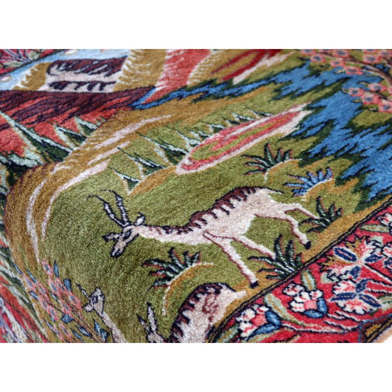 ペルシャ絨毯 カシャーン 95x66cm 風景デザイン 鹿 : インプレッション