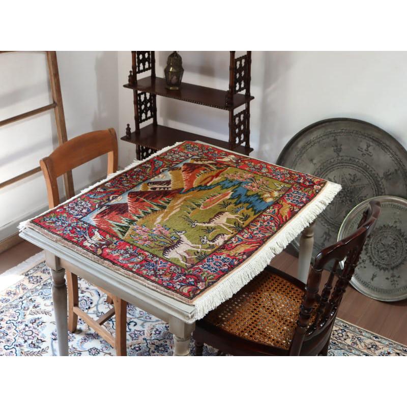 ペルシャ絨毯 カシャーン 95x66cm 風景デザイン 鹿 : インプレッション