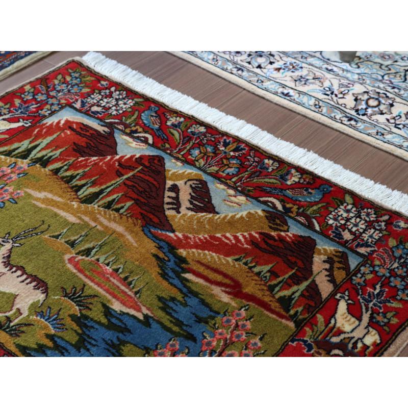 ペルシャ絨毯 カシャーン 95x66cm 風景デザイン 鹿 : インプレッション