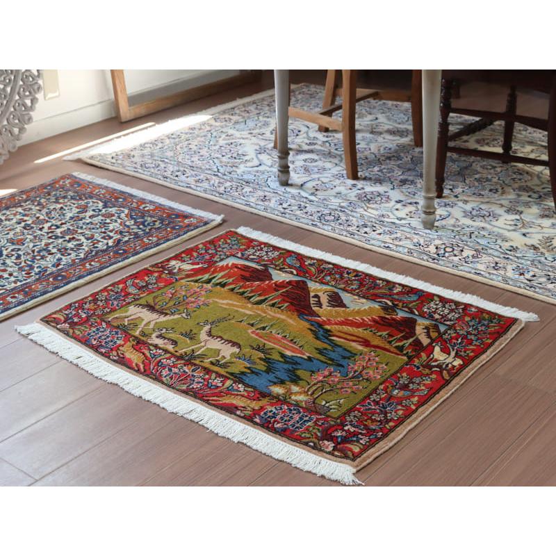 ペルシャ絨毯 カシャーン 95x66cm 風景デザイン 鹿 : インプレッション