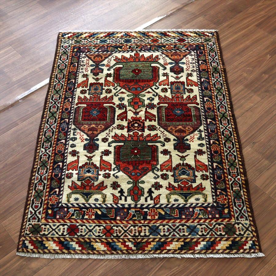 手織りラグ 小花と幾何学模様 152x104cm トルコの手織り絨毯 ベージュ 草木染 | 