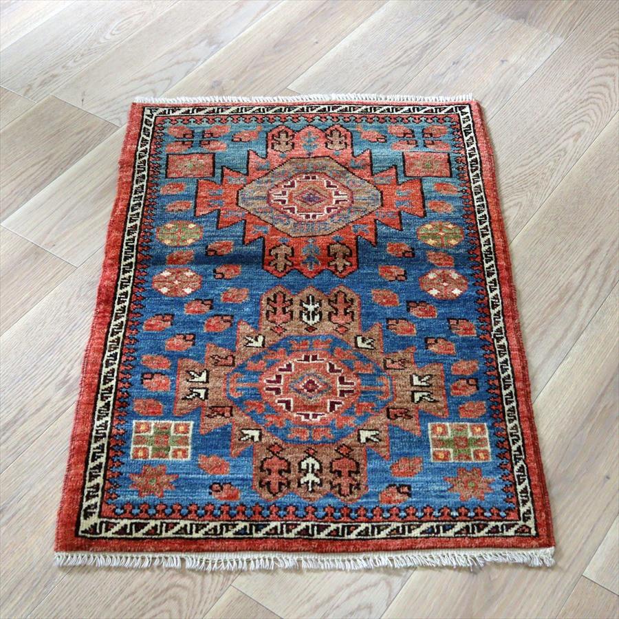 トルコの手織り絨毯 ２つのメダリオン 96x65cm 手織りラグ ブルー 草木染 | 