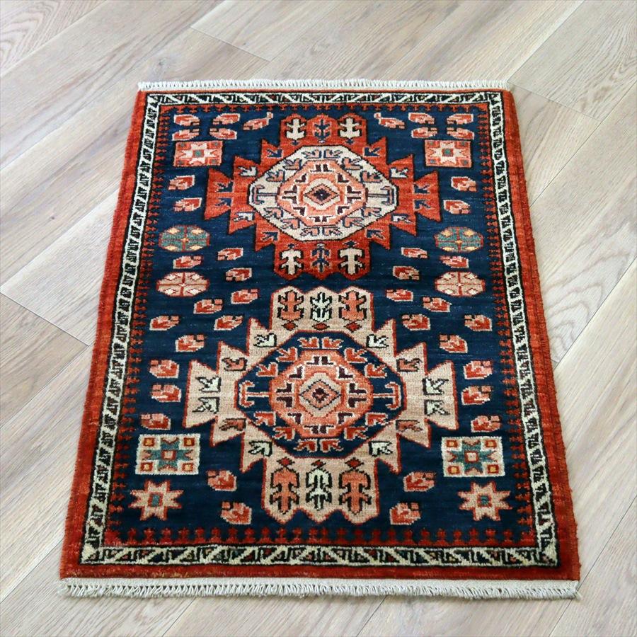 ２つのメダリオン トルコの手織り絨毯 94x63cm ネイビー 手織りラグ 草木染 | 