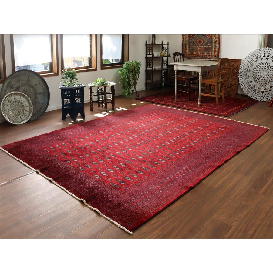 セール⭐︎トルクメン　ラグ トルクメン族の絨毯 手織りラグ 277x212cm 連続するギュル文様 レッド