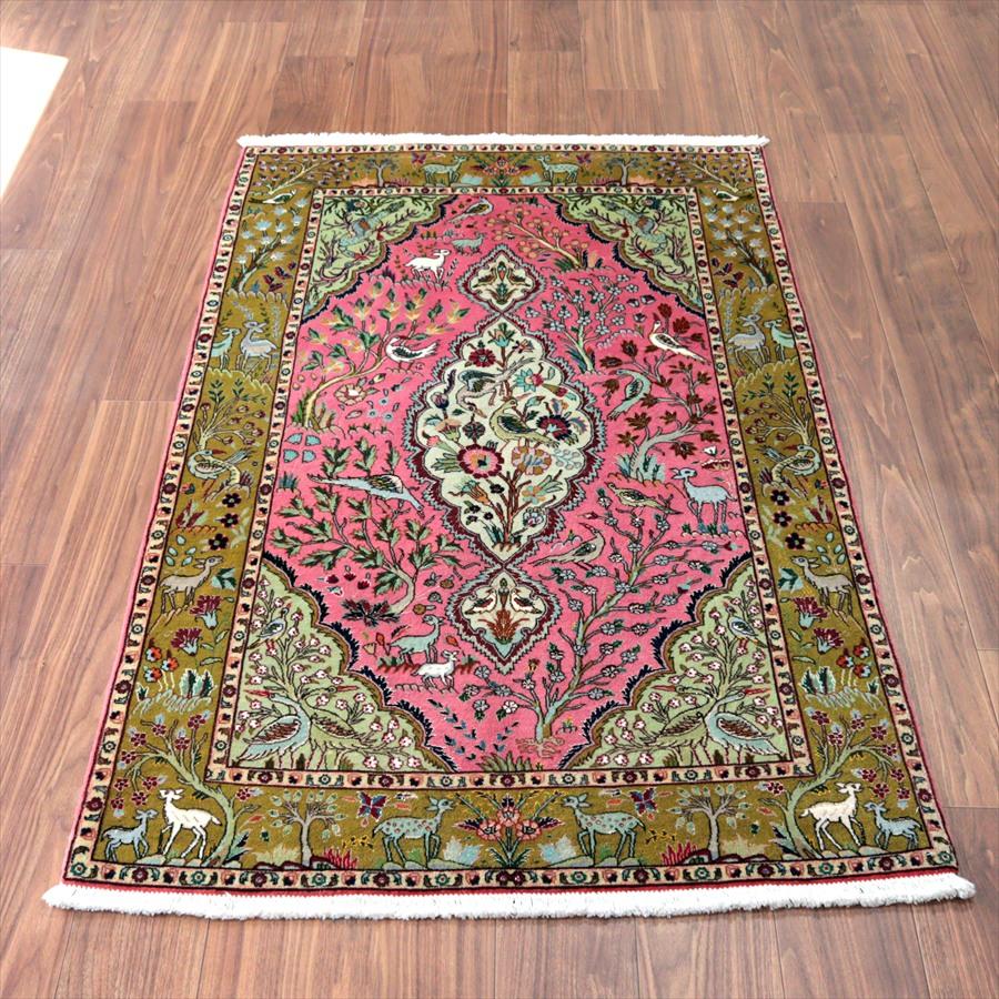 ペルシャ絨毯 タブリーズ 154x99cm 動物と植物 グリーン＆レッド 手織りラグ | 