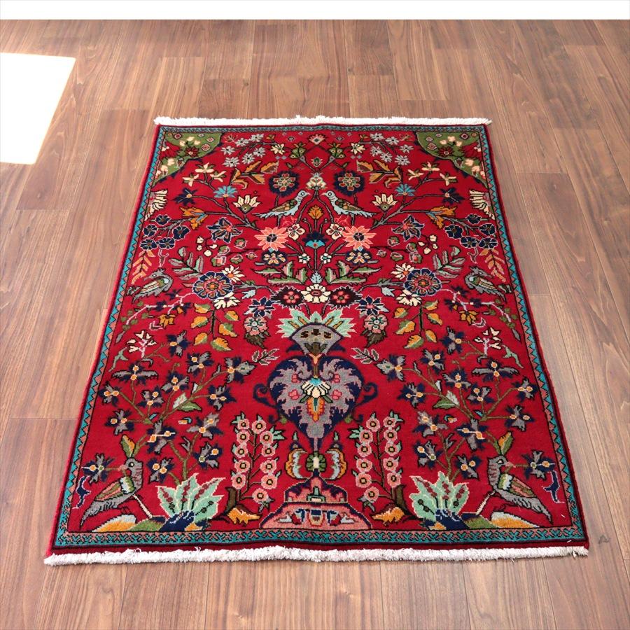 ペルシャ絨毯 タブリーズ 146x100cm 鳥と花々 レッド 手織りラグ | 