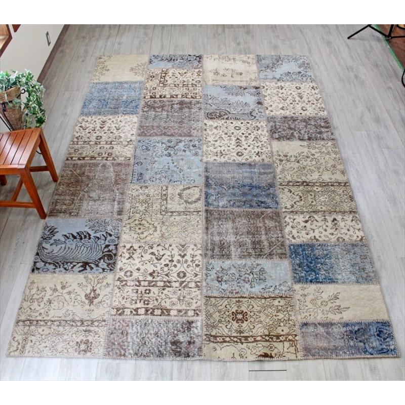 リサイクル・パッチワークラグ 303x200cm アイボリーベージュ・ペールブルー | 