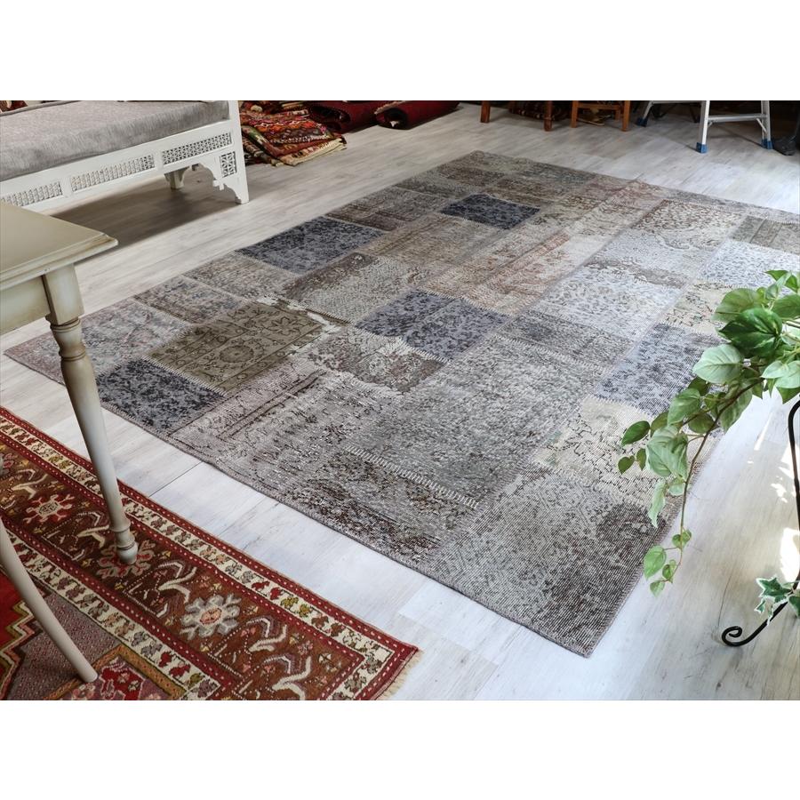 リサイクルパッチワークラグ トルコ製 オーバーダイ 300x203cm グレー