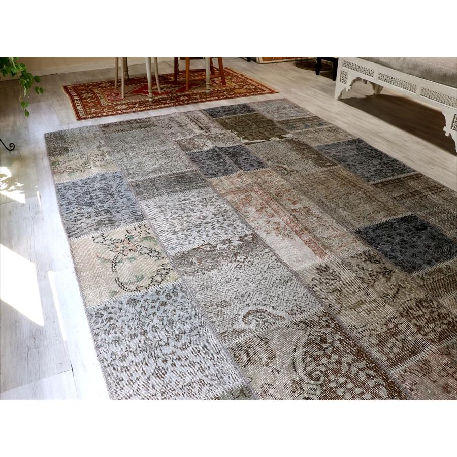 リサイクルパッチワークラグ トルコ製 オーバーダイ 300x203cm グレー