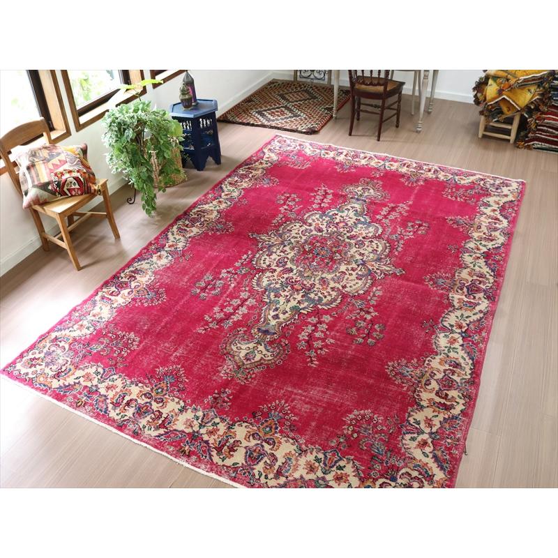 ヴィンテージ オーバーダイドラグ ローズピンク 大型 トルコ手織り絨毯