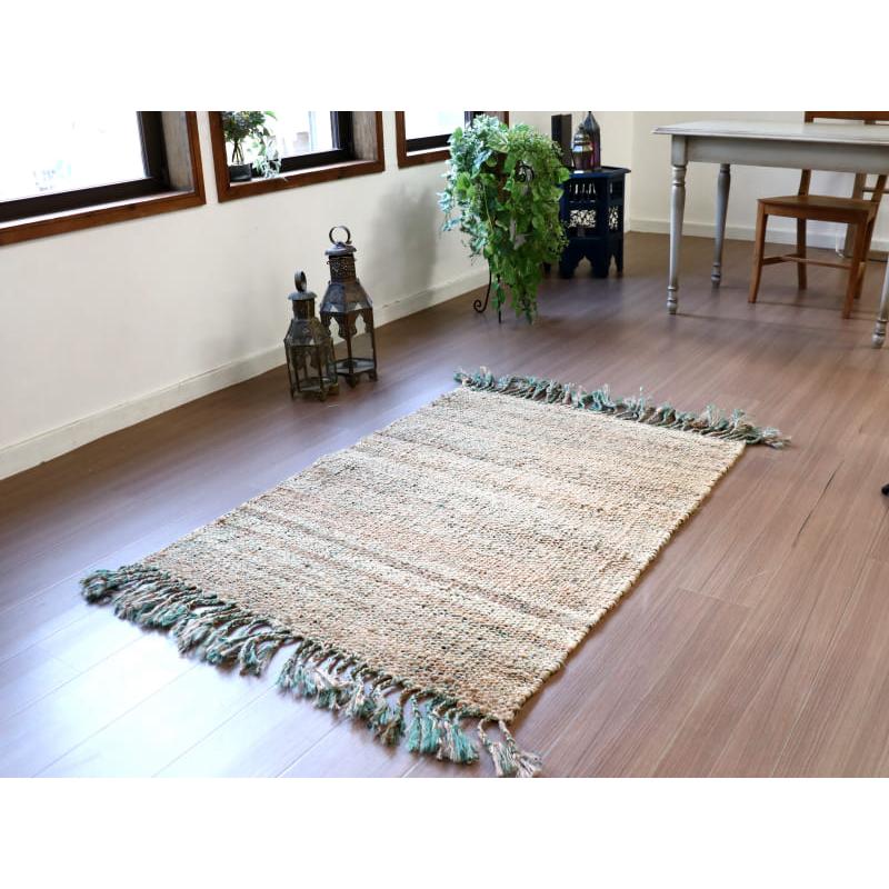 ジュートラグ 手織り　天然繊維　麻　 120x80cm ベージュxグレーｘグリーン | ブランド登録なし | 01