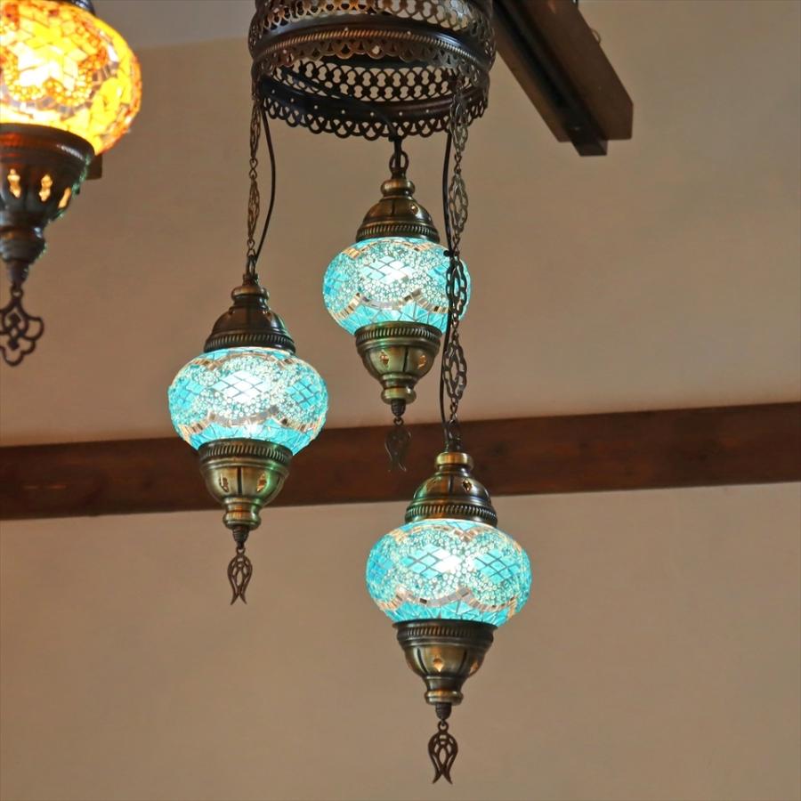 トルコモザイクランプシャンデリア　直径29cm　全長84cm 3灯 ターコイズブルー E17/15W モザイクランプ トルコランプ