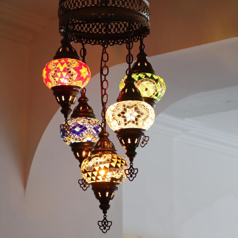 モザイクランプ トルコランプ シャンデリア 5灯 全高86cm 直径36cm ミックスカラー | 