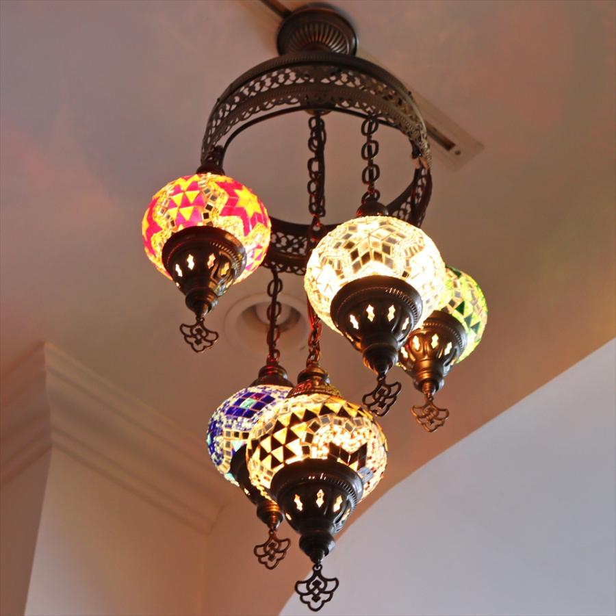 モザイクランプ トルコランプ シャンデリア 5灯 全高86cm 直径36cm ミックスカラー |  | 04