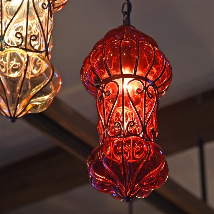 トルコランプ ガラスペンダントランプ アイアンワークランプ 直径15cm 全長67cm 地中海スタイル　レッド | 