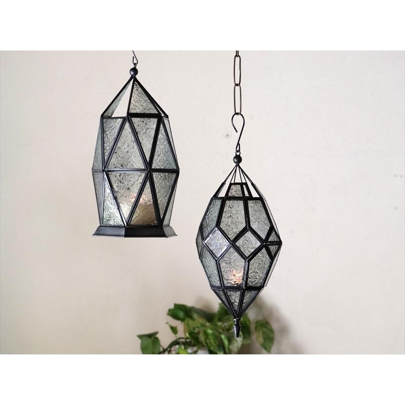 モロッコランタン・キャンドルホルダー　高さ40cm　オリエンタルランプ多面体のレリーフガラス　Morocco Lantern Candle holder