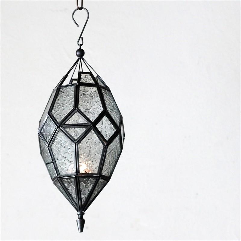モロッコランタン・キャンドルホルダー　高さ40cm　オリエンタルランプ多面体のレリーフガラス　Morocco Lantern Candle holder