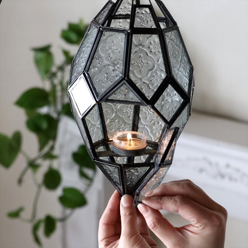 モロッコランタン・キャンドルホルダー　高さ40cm　オリエンタルランプ多面体のレリーフガラス　Morocco Lantern Candle holder