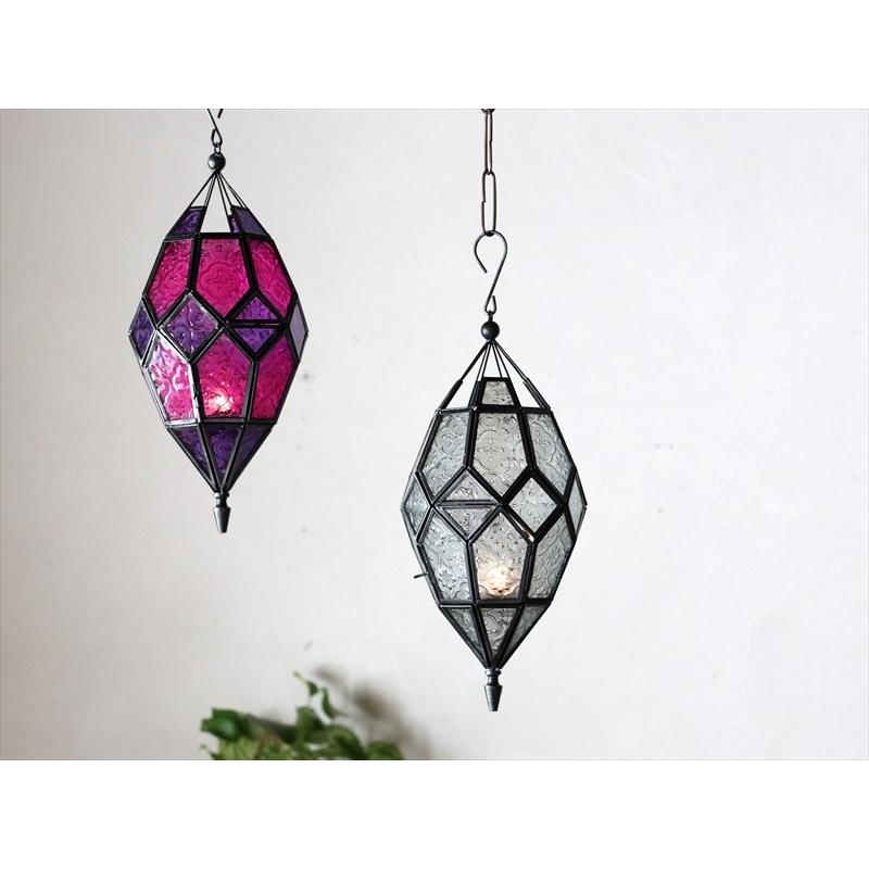 モロッコランタン・キャンドルホルダー　高さ40cm　オリエンタルランプ多面体のレリーフガラス　Morocco Lantern Candle holder