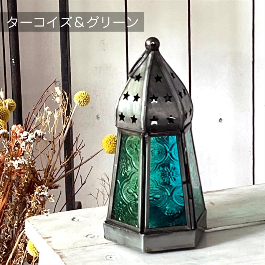 モロッコランタン キャンドルホルダー 高さ17cm ターコイズ6面の