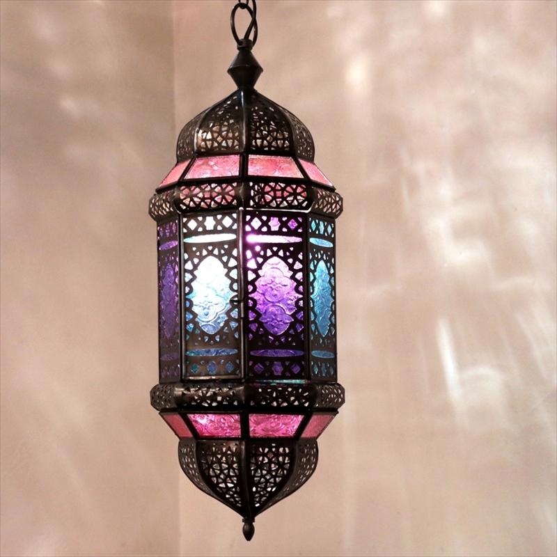 総合福袋 モロッコランプ・ガラスペンダントライト　アラビア風　フューシャ 直径16cm 全長87cm 8面のレリーフガラス　Morocco Lantern E17 25W　白熱球付き