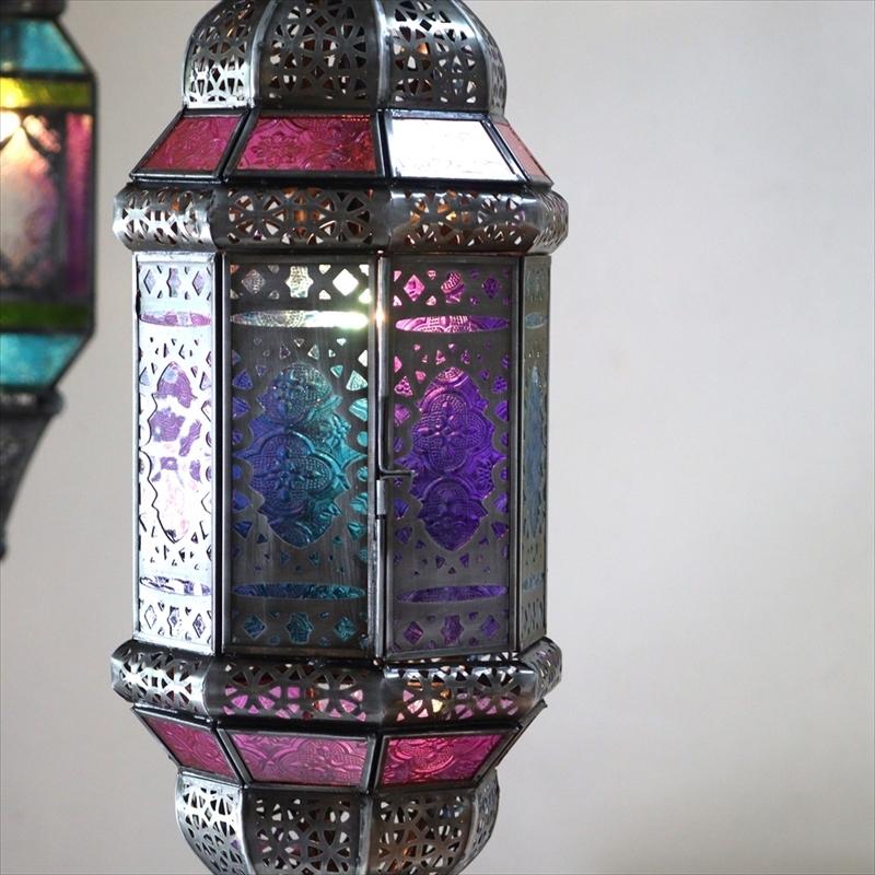 総合福袋 モロッコランプ・ガラスペンダントライト　アラビア風　フューシャ 直径16cm 全長87cm 8面のレリーフガラス　Morocco Lantern E17 25W　白熱球付き