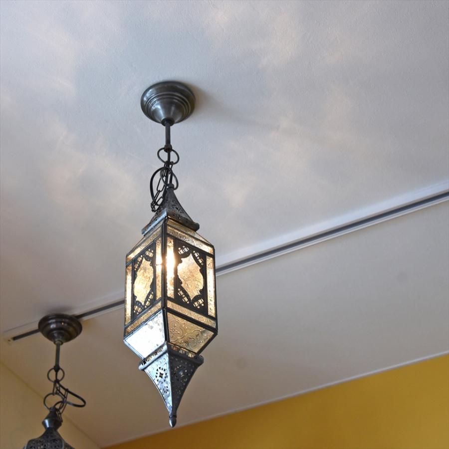 モロッコランプ ガラスペンダントライト 直径11cm 全長85cm 4面のレリーフガラス　Morocco Lantern/ 25W１灯　ペンダントランプ１灯 | ブランド登録なし | 03