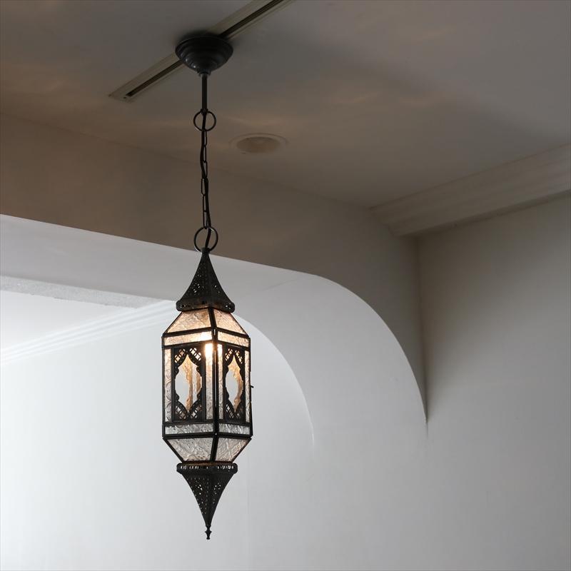 モロッコランプ ガラスペンダントライト 直径11cm 全長85cm 4面のレリーフガラス　Morocco Lantern/ 25W１灯　ペンダントランプ１灯 | ブランド登録なし | 07