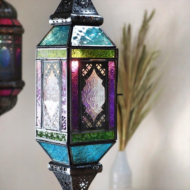 ガラスペンダントライト モロッコランプ　ヴァイオレット 直径11cm 全長85cm 4面のレリーフガラス　Morocco Lantern | ブランド登録なし | 01