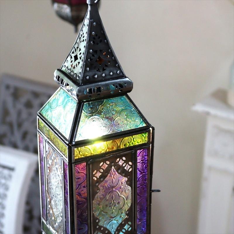 ガラスペンダントライト モロッコランプ　ヴァイオレット 直径11cm 全長85cm 4面のレリーフガラス　Morocco Lantern | ブランド登録なし | 02
