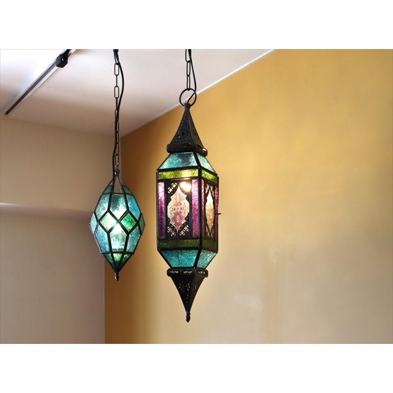 ガラスペンダントライト モロッコランプ　ヴァイオレット 直径11cm 全長85cm 4面のレリーフガラス　Morocco Lantern | ブランド登録なし | 05