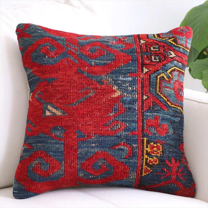 キリムクッションカバー 40cm角 手織り キリム ヴィンテージスマックキリム ブルー&レッド | ブランド登録なし