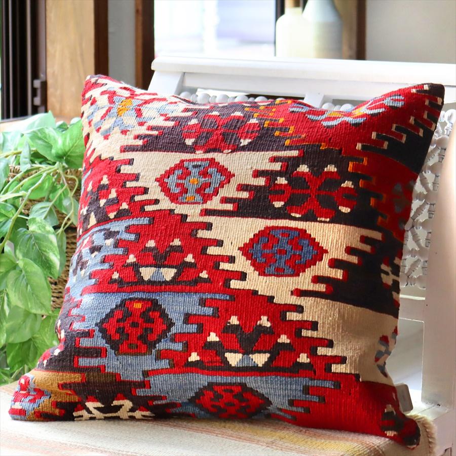 オールドキリムクッションカバー 50cmサイズ Turkish Vintage kilim カイセリ レッド＆アイボリー＆ブルー | ブランド登録なし