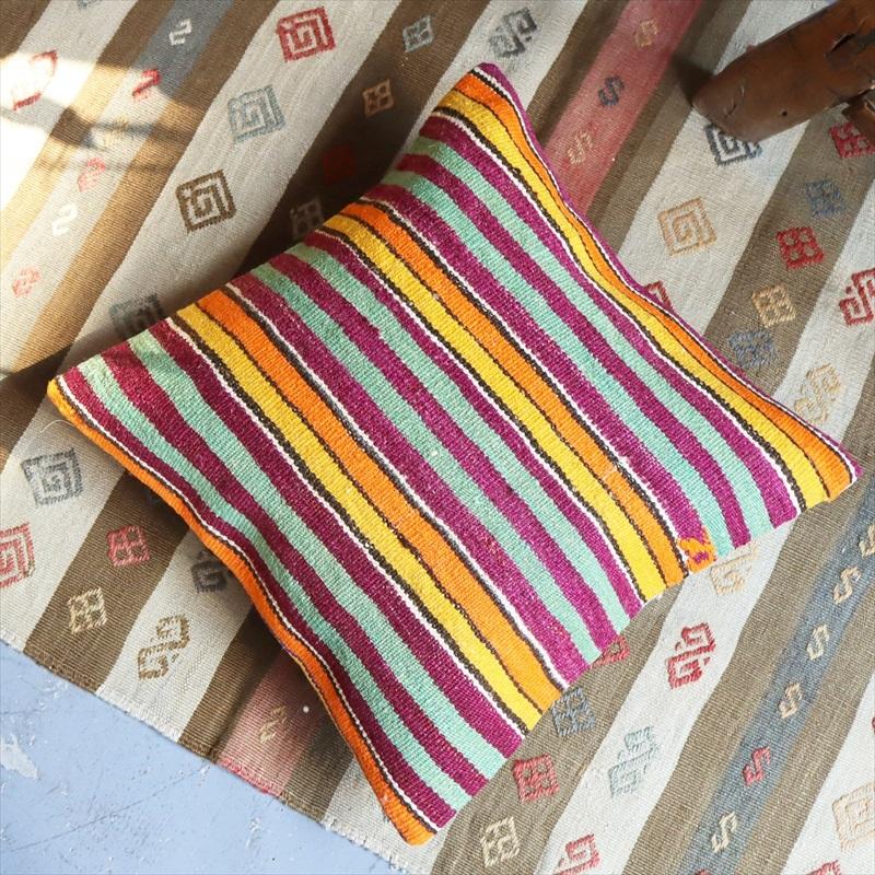 オールドキリムクッションカバー40cm角サイズ/Turkish Kilim Cushion オレンジ パープル ミントグリーンのボーダー | ブランド登録なし | 01