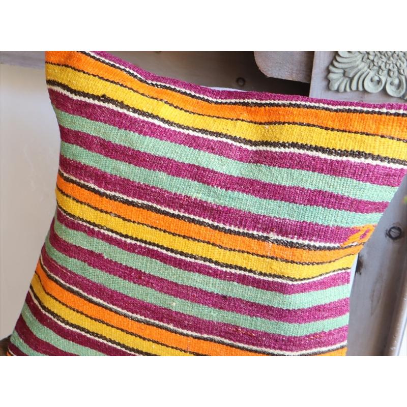 オールドキリムクッションカバー40cm角サイズ/Turkish Kilim Cushion オレンジ パープル ミントグリーンのボーダー | ブランド登録なし | 02