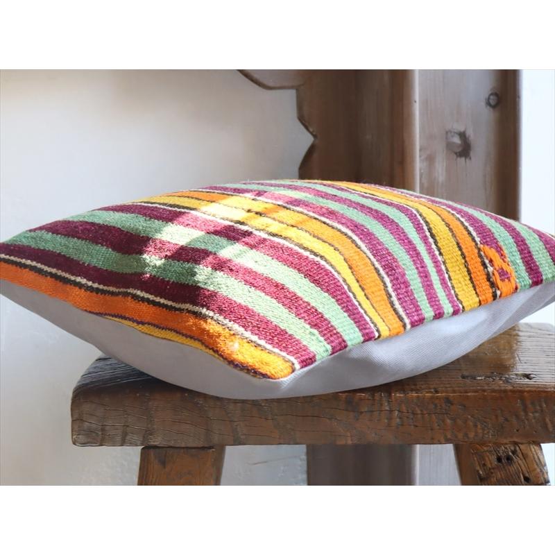 オールドキリムクッションカバー40cm角サイズ/Turkish Kilim Cushion オレンジ パープル ミントグリーンのボーダー | ブランド登録なし | 03