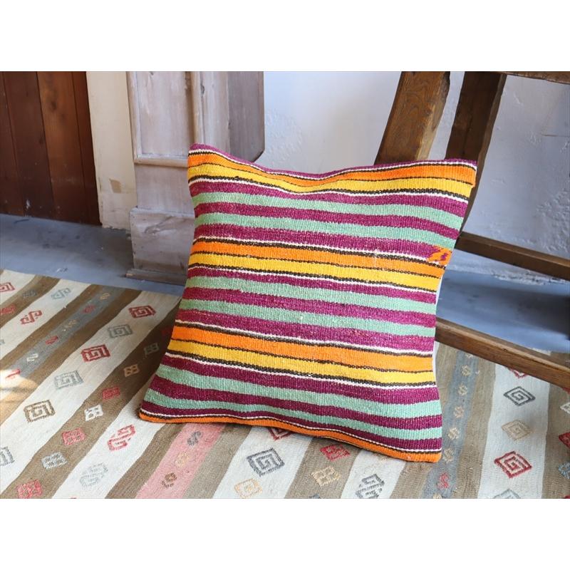 オールドキリムクッションカバー40cm角サイズ/Turkish Kilim Cushion オレンジ パープル ミントグリーンのボーダー | ブランド登録なし | 04