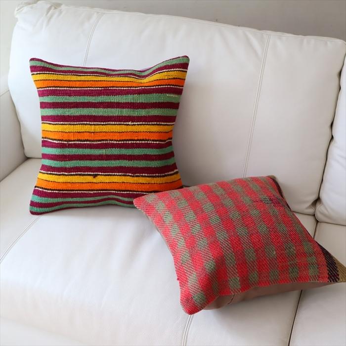 オールドキリム　クッションカバー 40cm Old Kilim Cushion ミントグリーン＆オレンジ ボーダー OUTLET サービス品 | ブランド登録なし | 02
