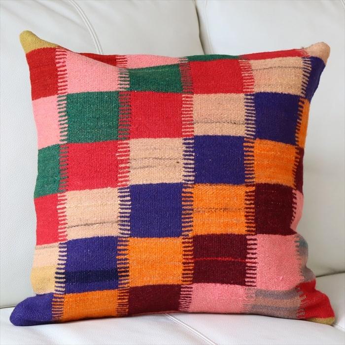 オールドキリム　クッションカバー 40cm Old Kilim Cushion カラフルなグリッド OUTLET サービス品 | ブランド登録なし