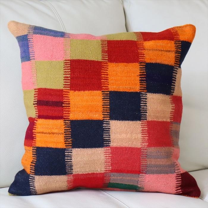 オールドキリム　クッションカバー 40cm Old Kilim Cushion カラフルなグリッド OUTLET サービス品 | ブランド登録なし