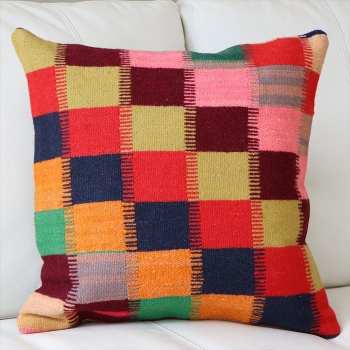 オールドキリム　クッションカバー 40cm Old Kilim Cushion カラフルなグリッド OUTLET サービス品 | ブランド登録なし