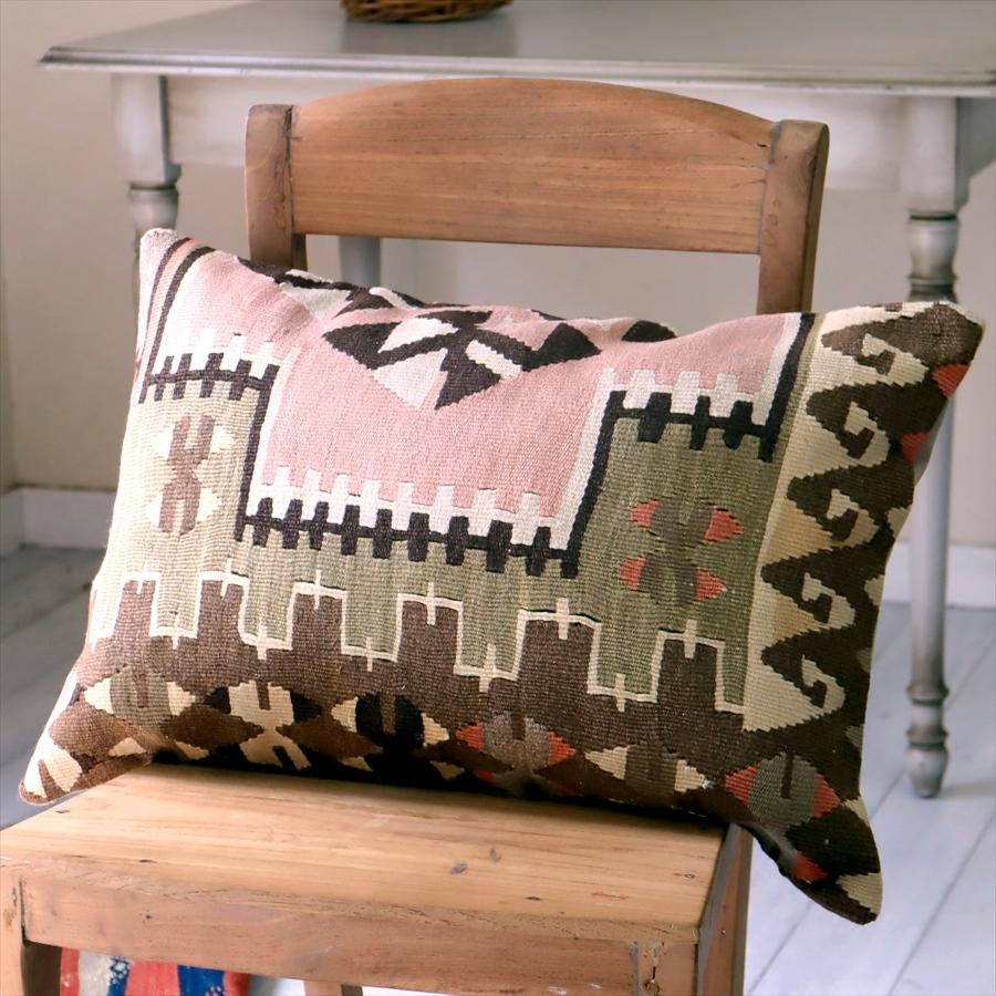 クッションカバー　オールドキリム　横長ピロー 59x40cm ピンク＆ブラウン ビッグピロー Turkish Old Kilim　Lumbar Pillow | ブランド登録なし