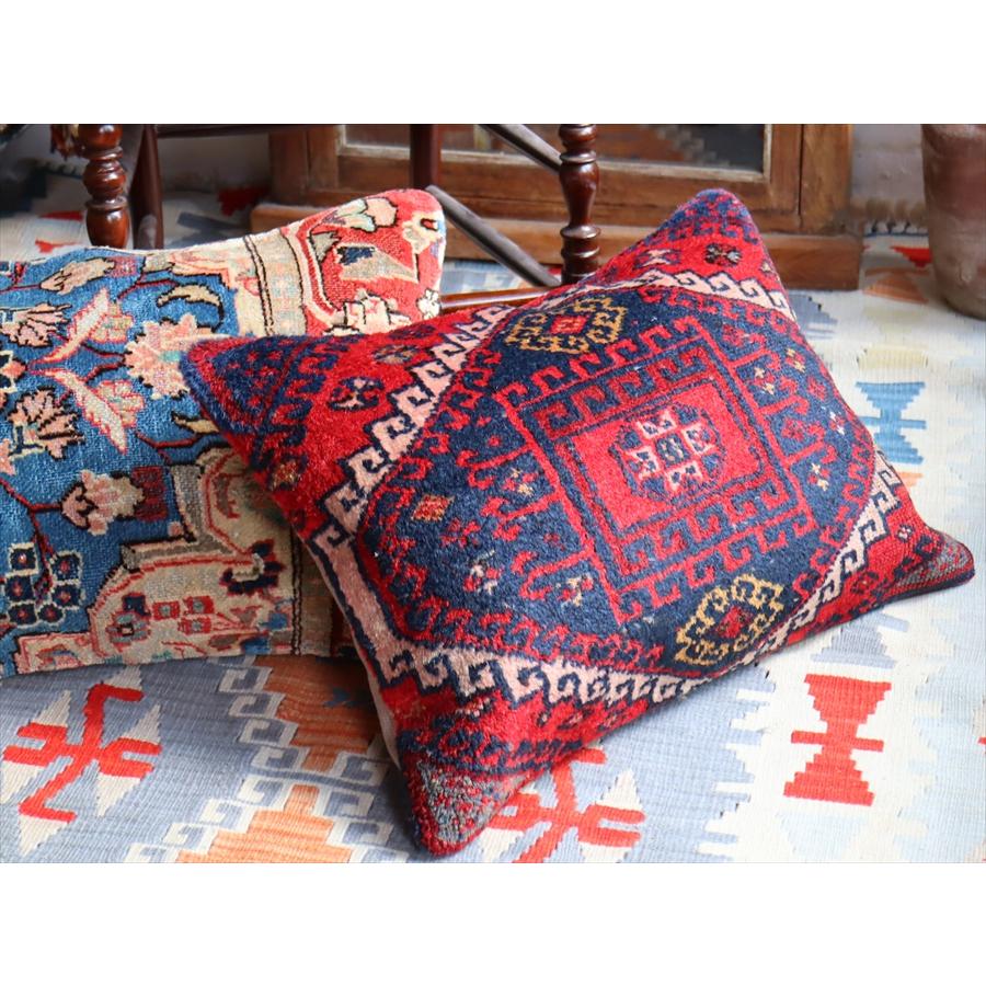 クッションカバー ヴィンテージ パイル織り 絨毯 ビッグピロー 横長 長方形 58x41cm マラテヤ レッド ブルーの画像