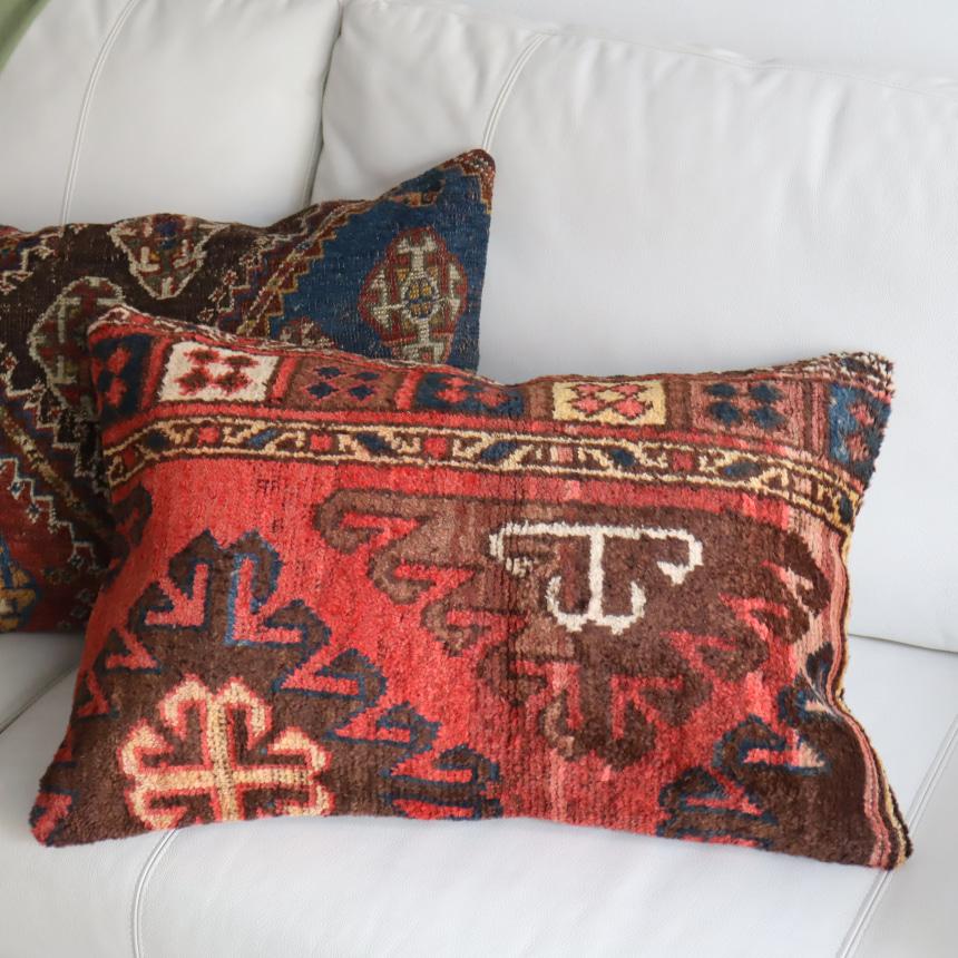 パイル織りラグ クッションカバー 60×40cm キルギス ヴィンテージ絨毯