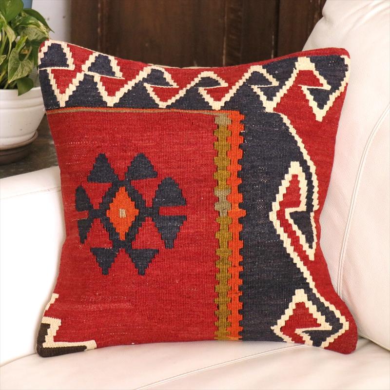 オールドキリム クッションカバー 40cm角 40×40cm クバ　レッド＆ネイビー　コーカサス地方 | 