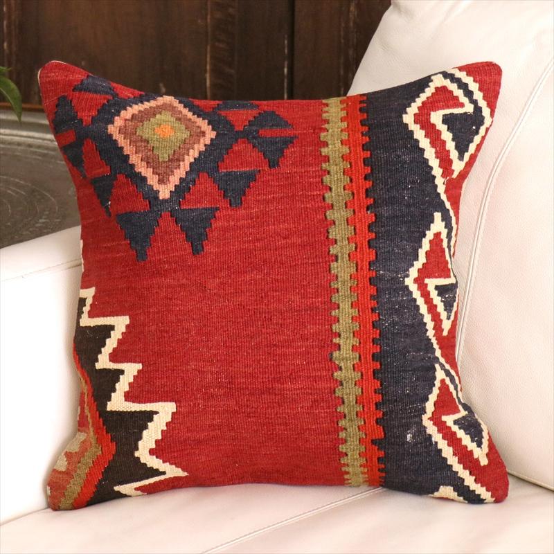オールドキリム クッションカバー 40cm角 40×40cm クバ　レッド＆ネイビー　コーカサス地方 | 