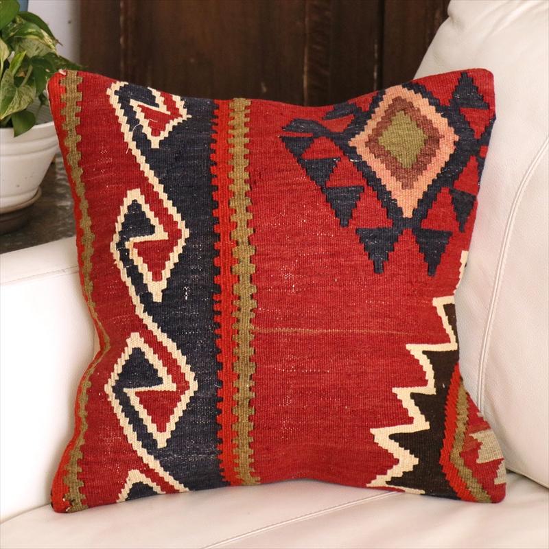 オールドキリム クッションカバー 40cm角 41×41cm クバ　レッド＆ネイビー　コーカサス地方 | 
